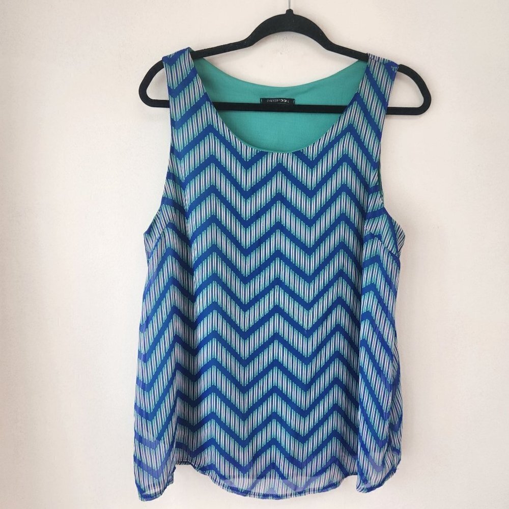 Papermoon Stitch Fix Chiffon Sleeveless Blouse Blue Green Chevron Print Size L